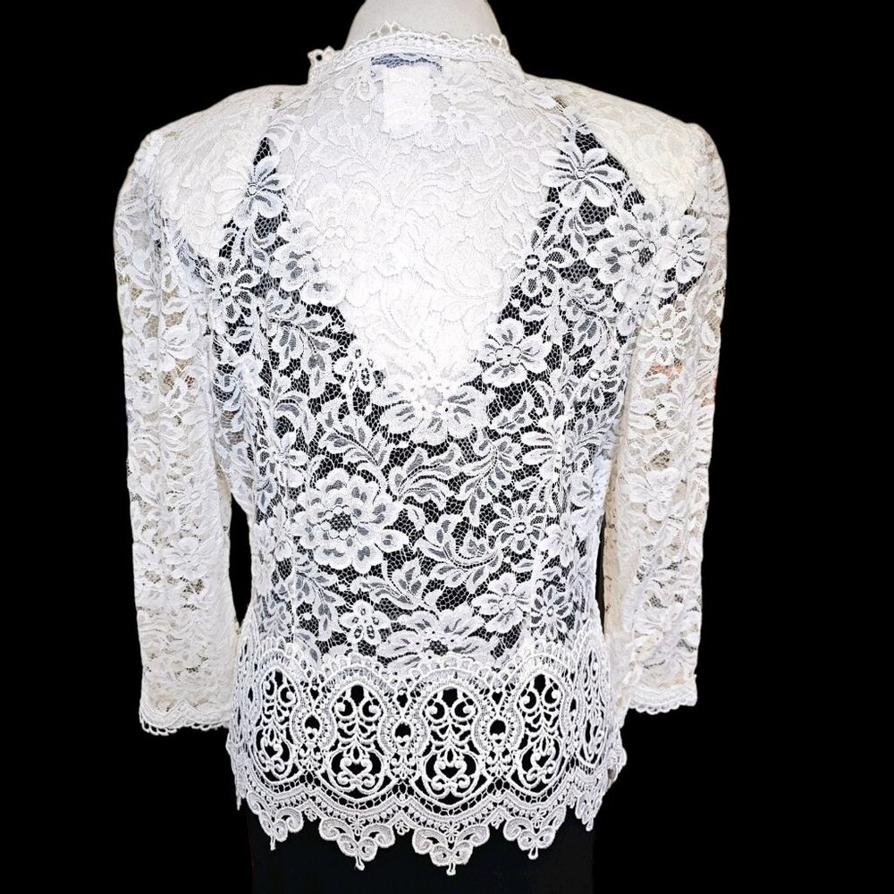 VTG Jessica McClintock Bridal White Lace‎ Cardigan Jacket Sheer Sz M Cottagecore - Picture 4 of 13